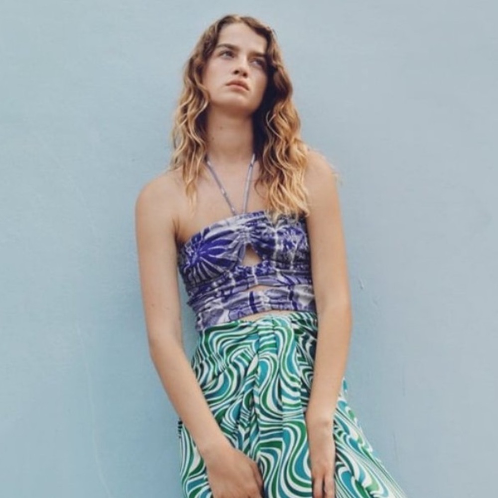 ZARA Jacquard‎ Tube Top Cut Out S Small Purple Blue White Beach Vacation Summer